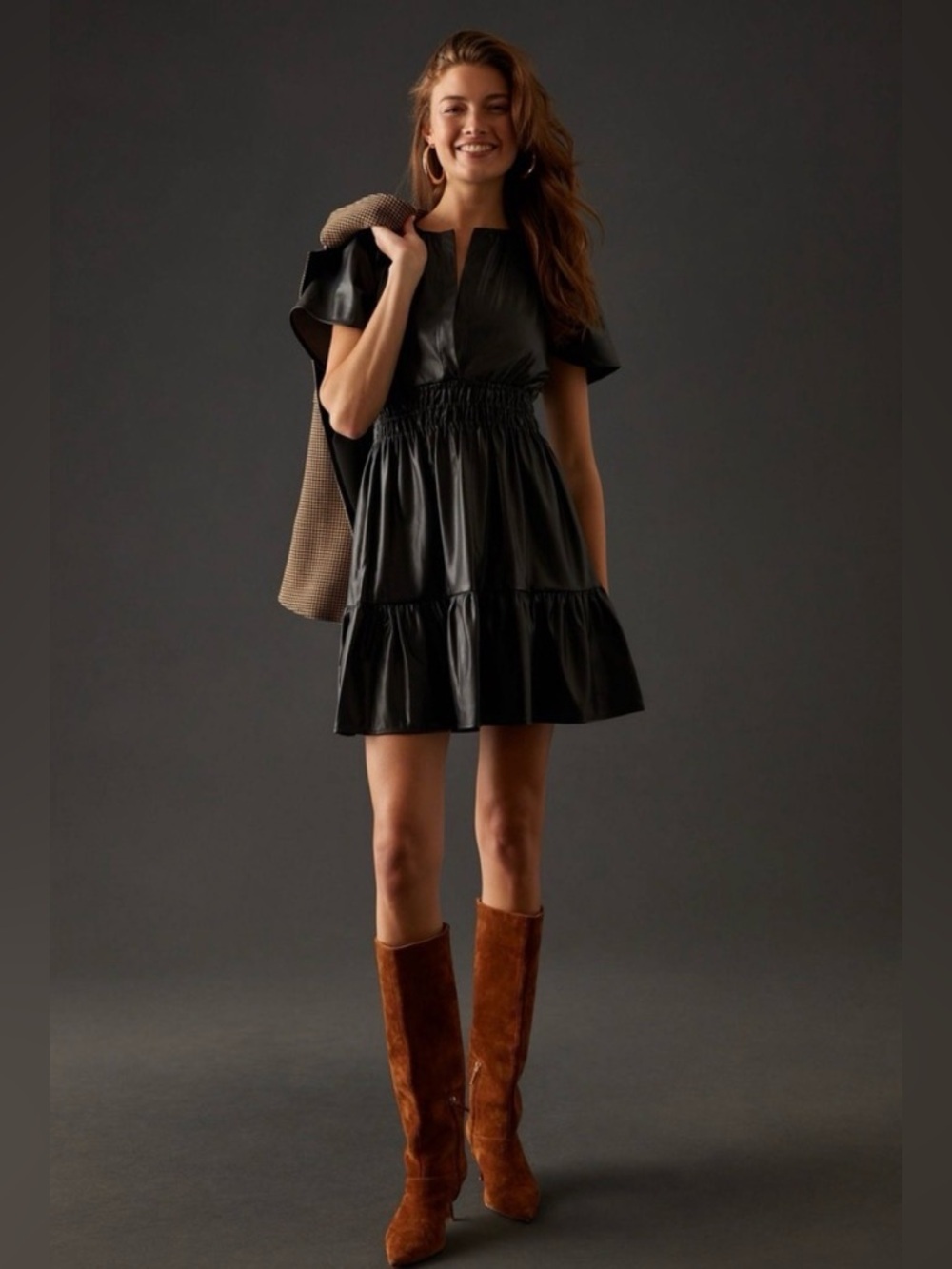 Anthropologie Somerset Vegan Leather Mini Dress Black Smocked Tiered Sz  LP EUC